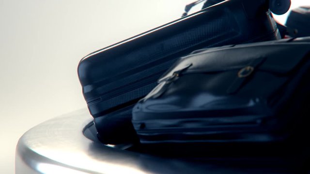 Various airport baggage claim carousel with colorful luggage laying in line 4KHD