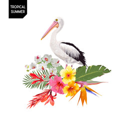 Tropical Summer Design with Pelican Bird and Exotic Flowers. Waterbird with Tropic Plants and Palm Leaves for T-shirt, Print. Vector illustration