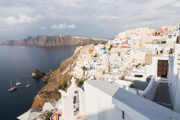 Iconic panoramic view over Oia village on Santorini island, Greece