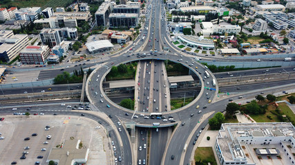 Aerial drone bird's eye view of popular highway of Attiki Odos multilevel junction ring road,...
