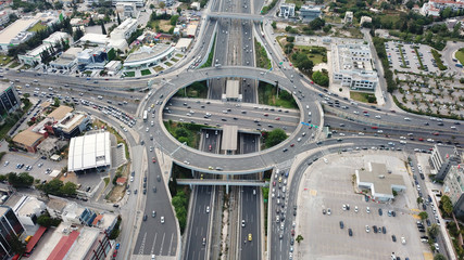Aerial drone bird's eye view of popular highway of Attiki Odos multilevel junction ring road,...