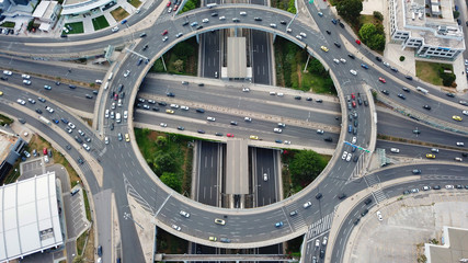 Aerial drone bird's eye view of popular highway of Attiki Odos multilevel junction ring road, passing through Kifisias Avenue in Marousi