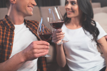 Drink for us. Cheerful young man and woman celebrating special event at home. They are clinking wineglasses and smiling. Focus on glasses 