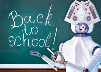 Teacher robot with artificial intelligence in school class next to blackboard. Interactive ai online learning future for kids. Back to school concept.