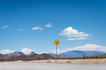 Flash flood warning sign in a dry desert with an unpaved road in the foreground and desert flora, a...