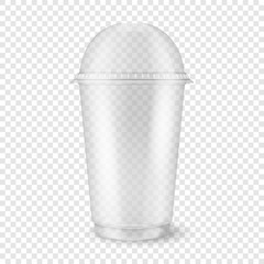 Vector realistic 3d empty clear plastic disposable cup with sphere dome cap closeup isolated on transparency grid background. Design template of packaging mockup for graphics - milkshake, tea, fresh © gomolach