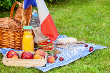 Festive picnic for the national holiday of France 14th of July with French flag