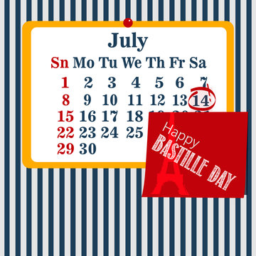Vector illustration calendar for the 14th of July. Happy Bastille Day.
