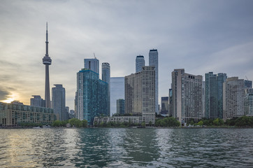 Toronto skyline and waterline  at sunset in summer