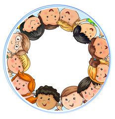 Big company joyful children different nationalities in circle