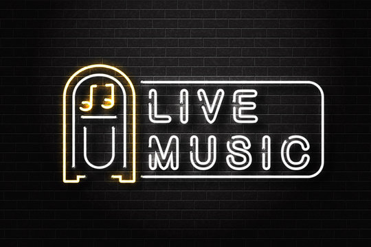 Vector realistic isolated neon sign of jukebox live music logo for decoration and covering on the wall background. Concept of music, dj and concert.
