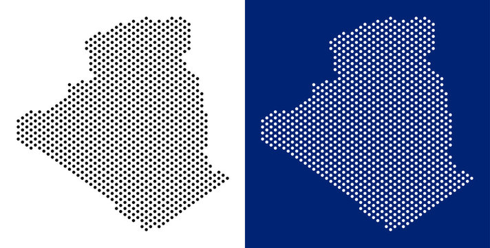 Pixel Algeria map. Vector geographic map on white and blue backgrounds. Vector concept of Algeria map done with spheric items.