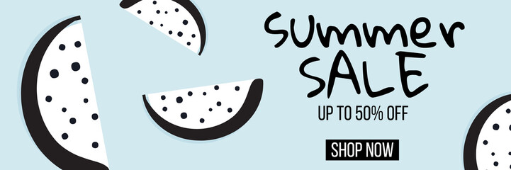 Modern summer sale vector banner with dotted watermelon. Monochrome contemporary design. Spcial offer poster. Flyer Discount template 