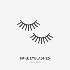Fake eyelashes flat line icon. Beauty care sign, illustration of closed eyes with black mascara. Thin linear logo for makeup, cosmetics store.