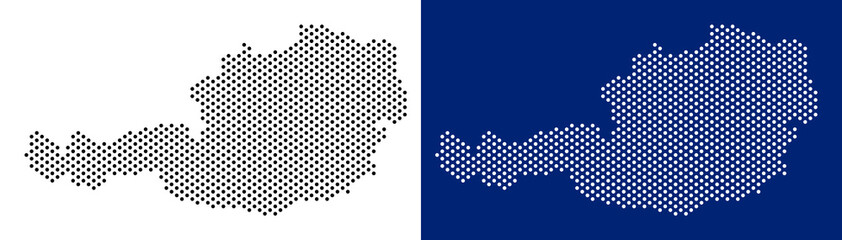 Pixel Austria map. Vector geographic map on white and blue backgrounds. Vector concept of Austria map constructed with round dots. - obrazy, fototapety, plakaty