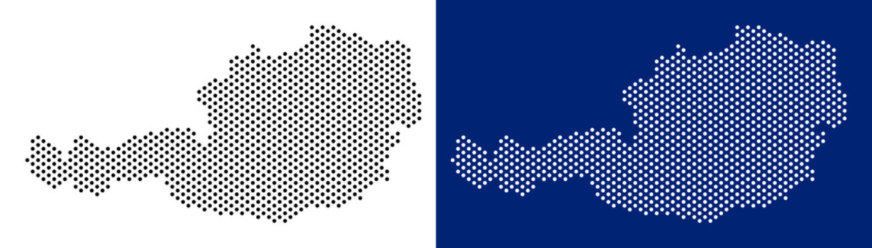 Pixel Austria map. Vector geographic map on white and blue backgrounds. Vector concept of Austria map constructed with round dots.