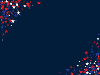 Patriotic 4th of July, Independence Day of America Stars Confetti. Flying Stars Texture, US Blue, Red, White Confetti Banner. USA Independence Day, 4th of July, National Symbols Banner Background.