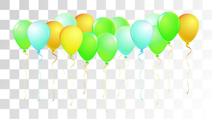 Bright Realistic Helium Vector Balloons Flying. Happy Birthday, New Year Party Ornament. Neon Modern Holidays Decoration, Air Helium Balloons. Celebration, Music Poster Discount Card Cool Design. © graficanto