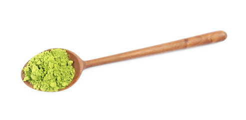 Spoon with powdered matcha tea on white background