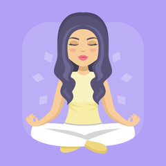 Lovely girl meditating, vector illustration.