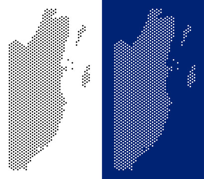 Pixel Belize map. Vector geographic map on white and blue backgrounds. Vector composition of Belize map made from circle spots.