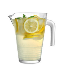 Glass jug with natural lemonade on white background