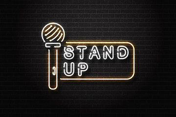 Vector realistic isolated neon sign of stand up logo for decoration and covering on the wall background. Concept of comedy show and perfomance.