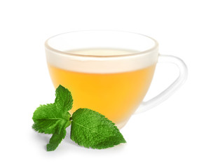 Cup with hot aromatic mint tea on white background