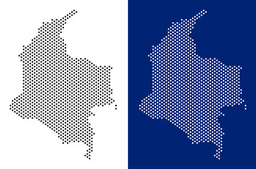 Pixel Colombia map. Vector geographic map on white and blue backgrounds. Vector mosaic of Colombia map constructed of round dots. - obrazy, fototapety, plakaty