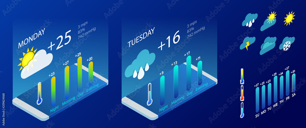 Poster isometric set of weather application design elements. weather symbols, design for a mobile applicati
