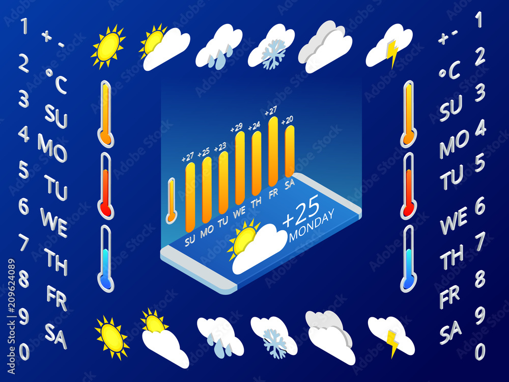 Poster isometric set of weather application design elements. weather symbols, design for a mobile applicati