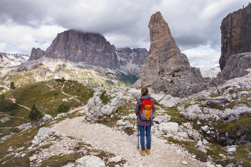 tourist girl at the Dolomites