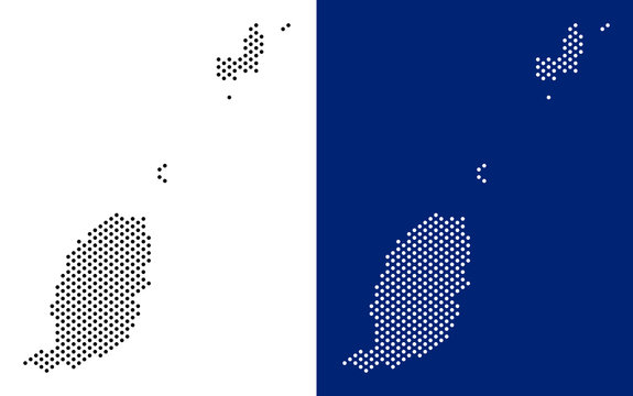 Pixel Grenada map. Vector geographic map on white and blue backgrounds. Vector collage of Grenada map organized of sphere dots.