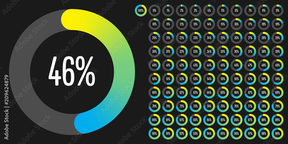 Poster set of circle percentage diagrams from 0 to 100 ready-to-use for web design, user interface (ui) or 