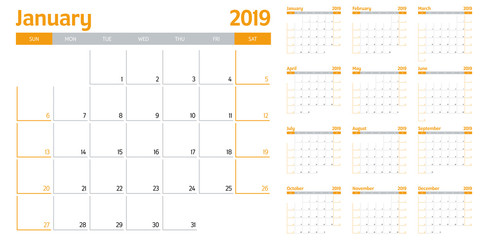 Calendar planner 2019 template vector illustration all 12 months week starts on Sunday and indicate weekends on Saturday and Sunday