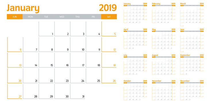 Calendar planner 2019 template vector illustration all 12 months week starts on Sunday and indicate weekends on Saturday and Sunday