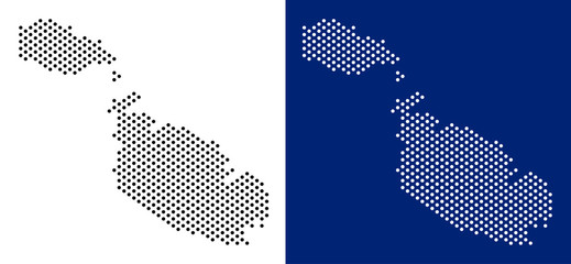 Dot Malta Island map. Vector geographic map on white and blue backgrounds. Vector collage of Malta Island map done from sphere items. - obrazy, fototapety, plakaty