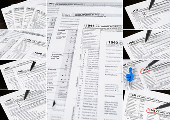 Form 1040 Individual Income Tax return form. United States Tax forms. American blank tax forms. Tax time. Collage of set photos.