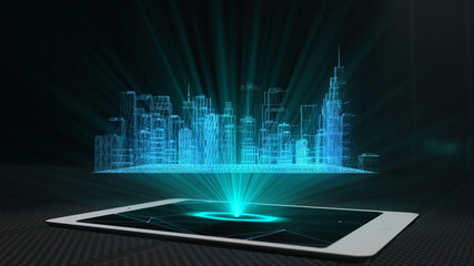 City projection futuristic holographic display phone tablet hologram technology - obrazy, fototapety, plakaty