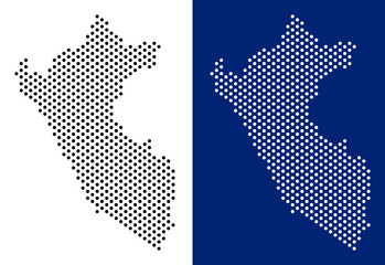 Dot Peru map. Vector geographic map on white and blue backgrounds. Vector mosaic of Peru map created of spheric blots.
