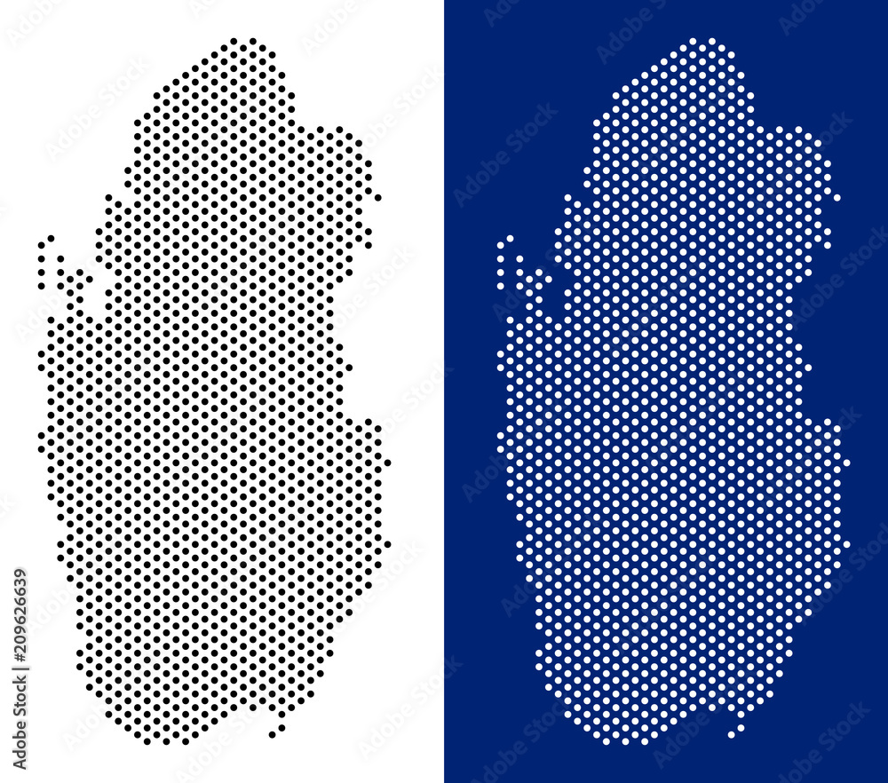 Poster dot qatar map. vector geographic map on white and blue backgrounds. vector mosaic of qatar map combi