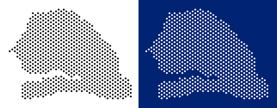 Pixel Senegal map. Vector geographic map on white and blue backgrounds. Vector concept of Senegal map created of circle dots.