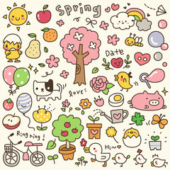 Set of Cute Spring Time Doodle. Hand Drawn. Vector Illustration.