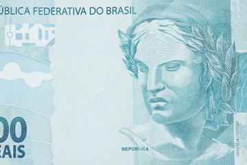 Republic's Effigy portrayed as a bust on Brazilian money. Super macro closeup on one hundred bill....