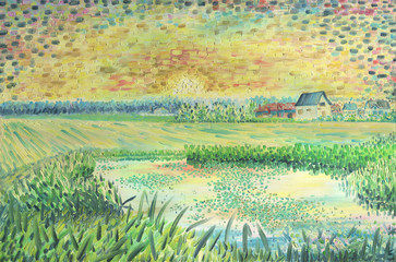 Beautiful sunset in the countryside. Houses in the countryside and fields. The forest is in the background. A pond with reeds is in the foreground. The setting sun in the haze.Oil painting on canvas.
