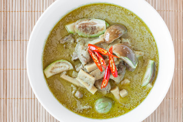 Green chicken curry with eggplant and pickled bamboo shoot. Green curry is a Central Thai variety of curry