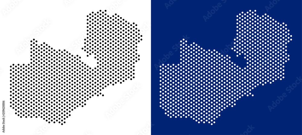 Poster pixel zambia map. vector geographic map on white and blue backgrounds. vector concept of zambia map 