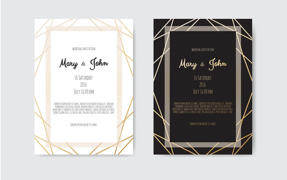 Wedding Invitation, invite card design with Geometrical art lines, gold foil border, frame.