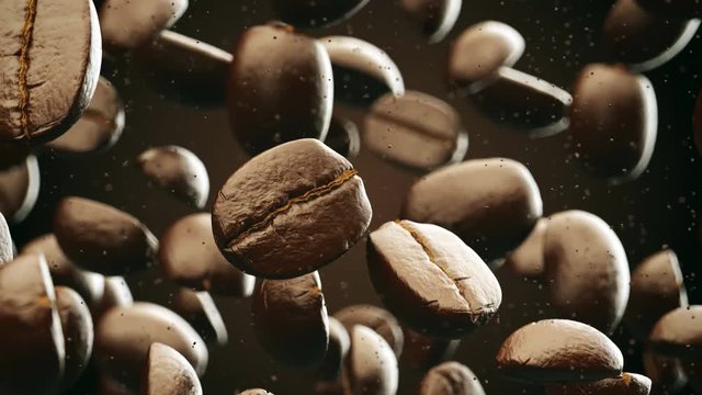 Falling roasted coffee beans in slow motion. Energy, Breakfast Background, 4K