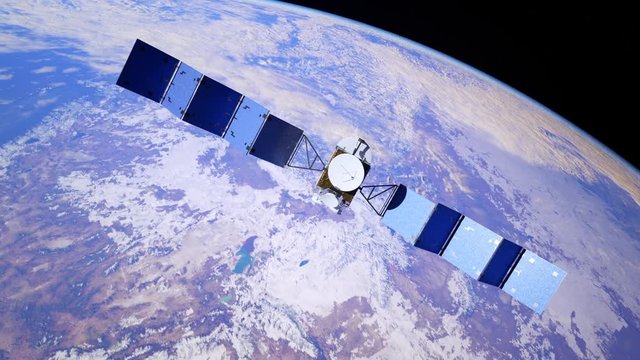 Artifitial Satelite orbiting the Earth stretching out solar panels to the sun.